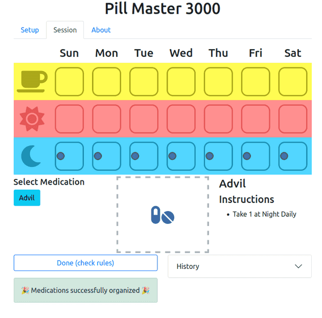 A session with pills added to the organizer